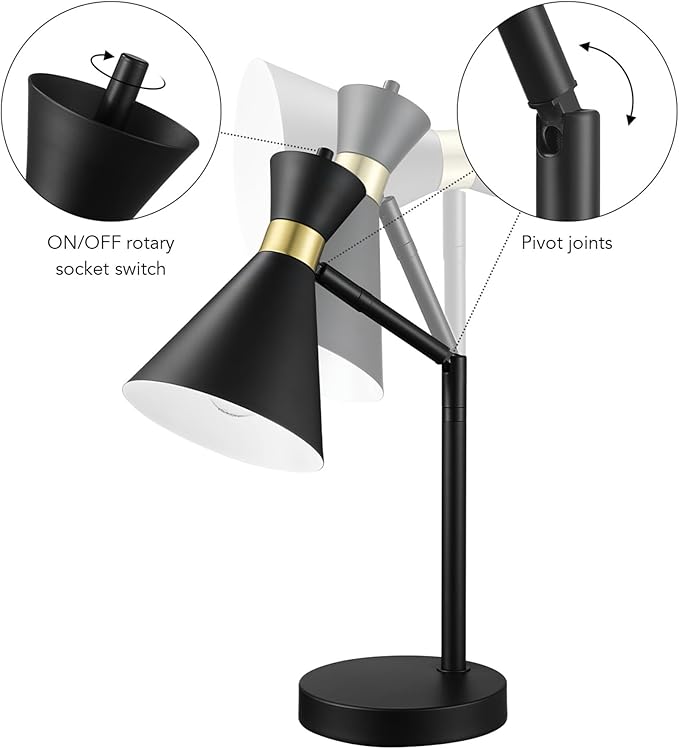 Globe Electric 61000056 16" Desk Lamp, Matte Black Finish, Matte Brass Accents, Pivot Joint, On/Off Rotary Switch on Socket, E26 Base Bulb, Lamp for Living Room, Home Office, Home Improvement - LeafyLoom