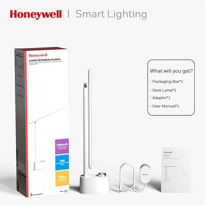 Honeywell LED Desk Lamp with USB Charging Ports - Sunturalux™ HWT-H01 Stepless Dimmable Eye Caring Table Lamp for College Dorm Home Office, Foldable Small Bedside Lamp for Bedroom with Base White - LeafyLoom