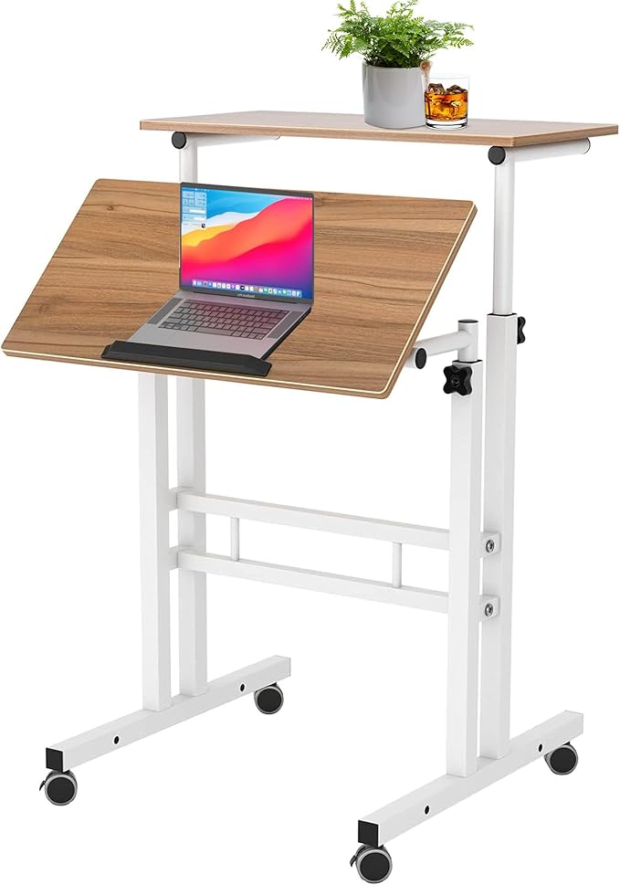 sogesfurniture Mobile Standing Desk Laptop Workstation on Wheels, Adjustable Computer Desk for Standing or Sitting, Oak 101-OK - LeafyLoom