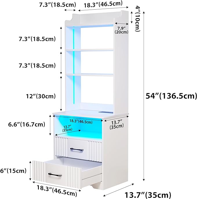 Vlsrka Nightstand Set of 2, Nightstand with Charging Station and LED Lights, Smart Night Stand with Bookshelf, Modern Bedside Tables with Storage Cabinet for Bedroom, Human Sensor Function, White - LeafyLoom