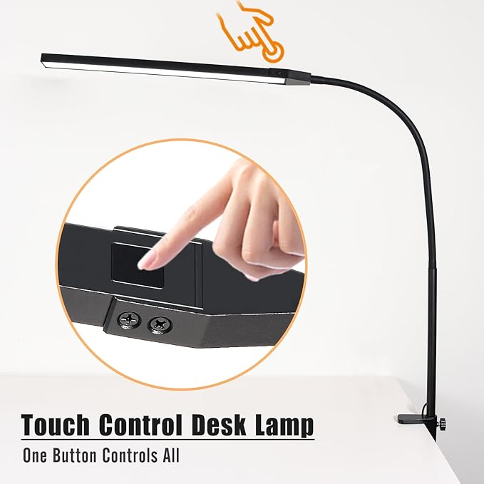 Clamp on Lamp, CeSunligt LED Desk Lamp, 12W, 800 LMS, 3 Color Modes, Multi Brightness Adjustable, Eye-Caring Touch Task Lamp for Reading, Home, Office (Adapter Included) - LeafyLoom