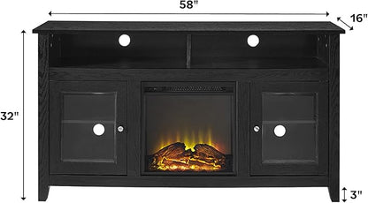 Walker Edison Glenwood Rustic Farmhouse Glass Door Highboy Fireplace TV Stand for TVs up to 65 Inches, 58 Inch, Black - LeafyLoom