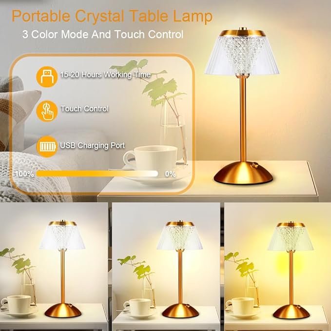 Portable Crystal Table Lamp,Cordless Metal Vintage Desk Lamp,3 Color Touch Control Rechargeable Lamp,3-Levels Brightness Room Decor Desk Lamp,Living Room,Kitchen,Dining Room Lamp (Gold) - LeafyLoom