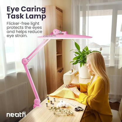 Neatfi XL 2,200 Lumens LED Task Lamp, 24W Super Bright Desk Lamp, 117 Pcs SMD LED, 4 Level Brightness, Dimmable, Task LED Light for Home, Office, Workbench (Non-CCT, Pink) - LeafyLoom