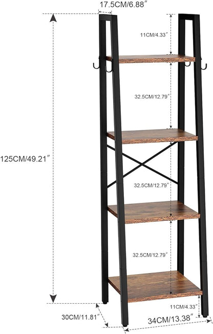 YMYNY 4 Tiers Ladder Bookcase, Industrial Narrow Bookshelf, Open Display Rack with 4 S Hooks, Metal Storage Shelves for Bedroom, Home Office, Living Room, Rustic Brown, 49.2H*13.4L*11.8W, UHBC024H - LeafyLoom