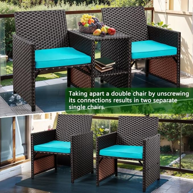 Shintenchi Wicker Patio Conversation Furniture Set with Detachable Chairs & Table and Two Removable Cushions,Rattan Wicker Lover Chair for Patio,Garden, Courtyard and Lawn Backyard (Blue) - LeafyLoom