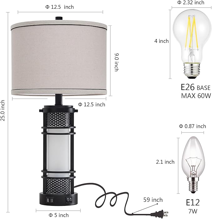 Set of 2 Modern Table Lamps for Living Room, Contemporary Nightstand Lamp with Dual USB Port, Bedside Lamps with White Frosted Glass Night Light for Bedroom, 4 Bulbs Included (Black) - LeafyLoom