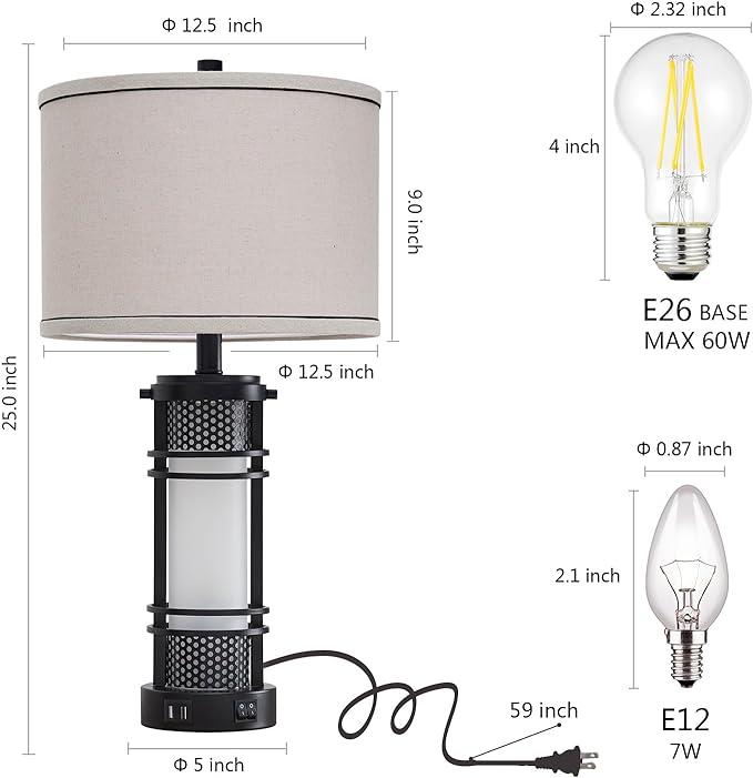 Set of 2 Modern Table Lamps for Living Room, Contemporary Nightstand Lamp with Dual USB Port, Bedside Lamps with White Frosted Glass Night Light for Bedroom, 4 Bulbs Included (Black) - LeafyLoom