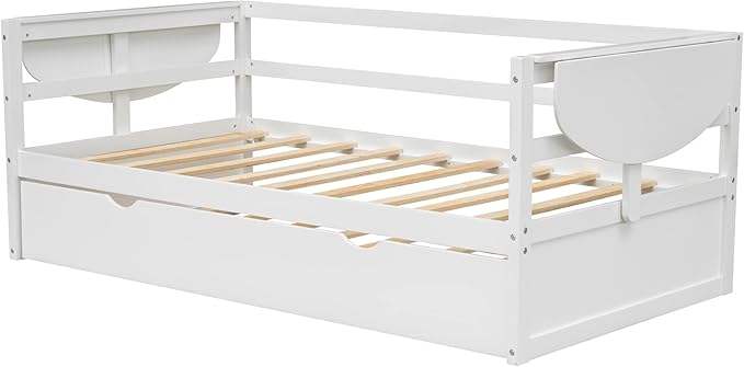 Merax Modern Wood Daybed with Twin Size Trundle and Two Foldable Shelves, Multifunction Sofa Bed Frame for Family, Kids, Teens, No Box Spring Needed, White - LeafyLoom