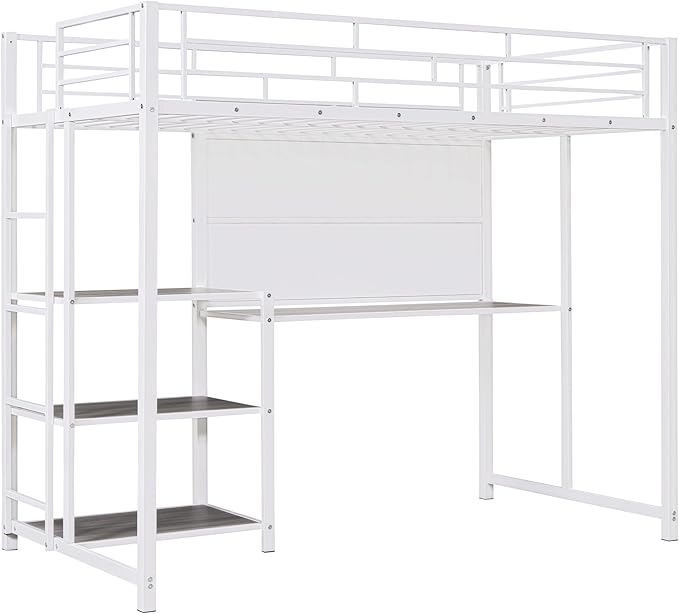 RITSU Twin Size Loft Bed, Heavy Duty Metal Bedframe with Desk and Whiteboard, 3 Big Shelves The Storage Space, Sturdy Construction, for Children's Room, Teens, White - LeafyLoom