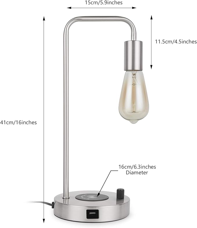 USB Desk Lamp – Table Lamp with Wireless Charging Pad and USB Port, Edison Bedside Nightstand Lamp with Metal Base for Guestroom Bedroom Living Room Office, Satin Nickel - LeafyLoom