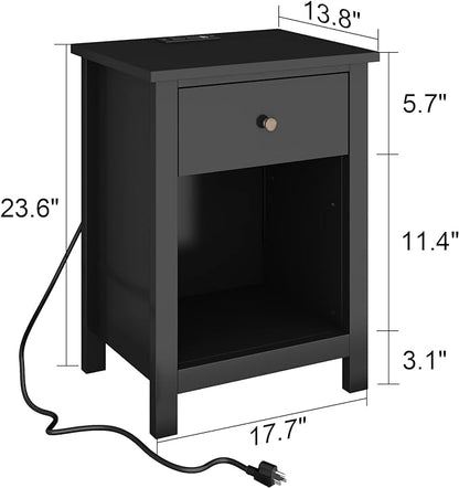 ChooChoo Nightstand with Charging Station, Wooden Top Bedside Table with Drawer and Storage Space for Bedroom, Black - LeafyLoom