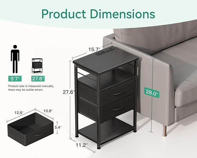 AODK Night Stand with Charging Station, End Table for Bedroom Tall Nightstand with Drawers, Small Nightstand for Bedroom, 4-Tier Storage Bedside Table, Black - LeafyLoom