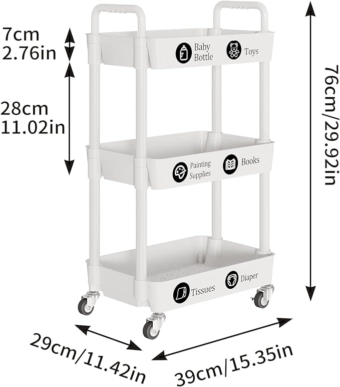 3-Tier Storage Cart,Multifunction Kitchen Storage Organizer,Mobile Shelving Unit Utility Rolling Cart with Lockable Wheels for Bathroom,Laundry,Living Room,With Classified Stickers,White - LeafyLoom