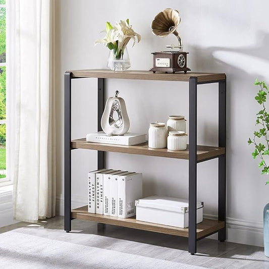 FOLUBAN 3 Tier Bookshelf, Industrial Bookcase and Book Shelves for Bedroom, Rustic Wood and Metal Book Case for Office, Oak - LeafyLoom