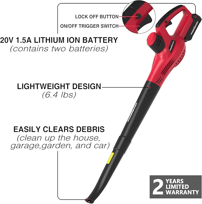 PowerSmart 20V Cordless Leaf Blower with 2 Batteries and Charger, Lightweight & Small Blowers for Benches, Gutters, Lawns (PS76101A), 2024 Version - LeafyLoom