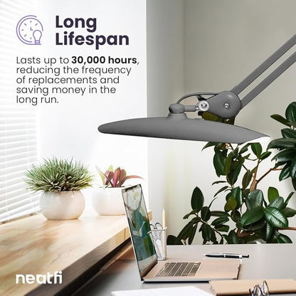 Neatfi XL 2,200 Lumens LED Task Lamp, 24W Super Bright Desk Lamp, 117 Pcs SMD LED, 4 Level Brightness, Dimmable, Task LED Light for Home, Office, Workbench (Non-CCT, Silver) - LeafyLoom