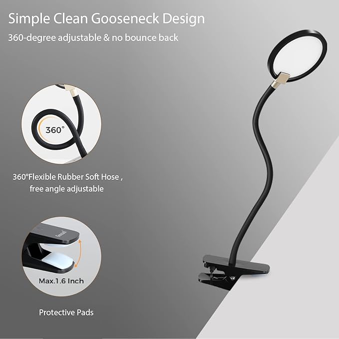 7W Flexible Gooseneck LED Desk lamp Touch 3 Steps Dimmable LED Clip on Light Reading lamp Warm White 3000K 3 Brightness Book Lights Eye Caring Clamp lamp - LeafyLoom