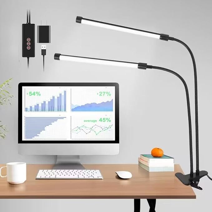 Clip on Lamp, Dual Head Bright Eye-Care 3 Color Mode Desk Lamp with Clamp, 5 Level Dimmer Clip on Light, 360 °Adjustable Clip on Desk Lamp for Reading, Working, Bedroom, Music Stand - LeafyLoom