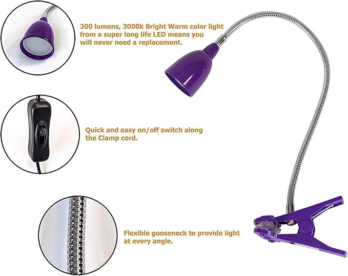 Newhouse Lighting LED Clip on Light/Clamp Lamp/Reading Book Light for Desk, Bed, Office, and Dorm Room, Purple - LeafyLoom