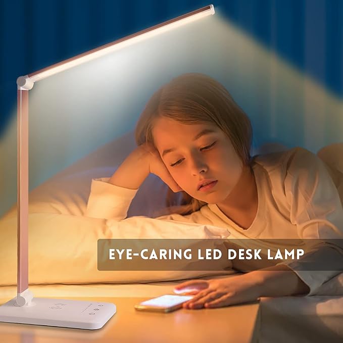 LED Desk Lamp with Wireless Charger, USB Charging Port, Desk Lighting with 10 Brightness, 5 Color Modes, Dimmable Eye Caring Reading Desk Lamps for Home Office, Touch Control, Auto Timer, Pink - LeafyLoom