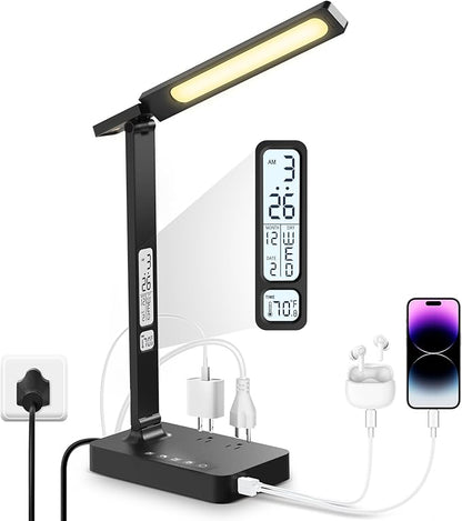 Desk Lamp with USB Charging Port: LED Eye-Caring Smart Table light for Home Office - 1 Type-C, 1 USB-A Charging Port, 2 AC Power Outlets. - LeafyLoom