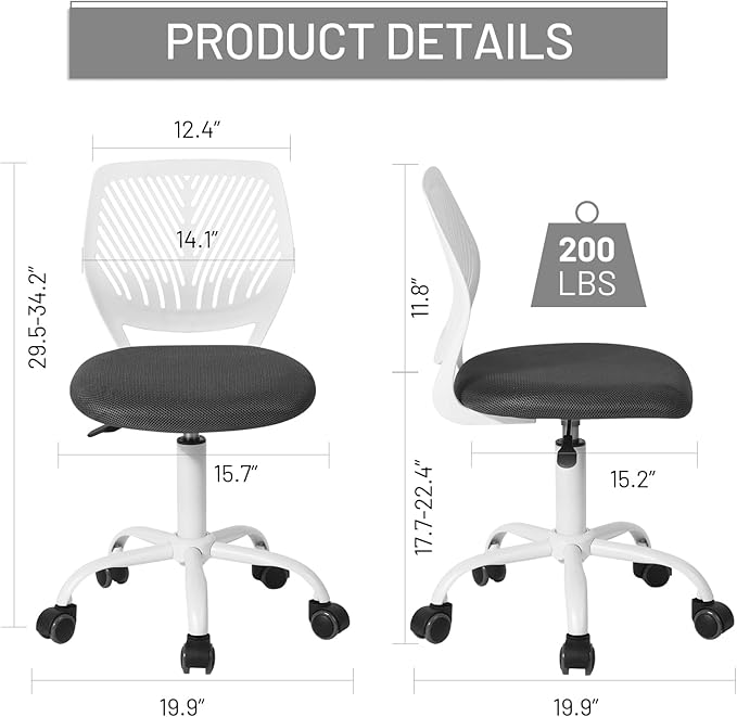 FurnitureR Desk Chair Small Study Chairs Armless for Child Kids Teens, Swivel Rolling Lightweight Task Chair with Wheels and Mesh Padded Cushion, Black/Grey - LeafyLoom