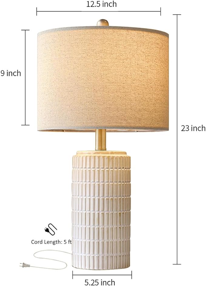 PoKat 23'' Bedside Table Lamp for Bedroom Nightstand - Ceramic Lamp for Living Room, White Night Stand Light Lamp with Round Linen Shade, Modern Bedroom Lamp Beige - LeafyLoom