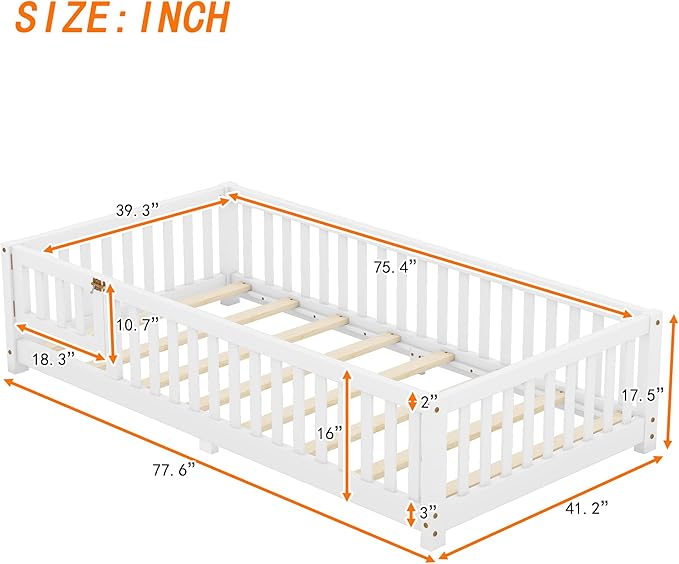 Multifunctional Twin Size Floor Bed with Safety Guardrails and Door, Removable Wood Slats, Montessori Beds Frame for Toddlers, Easy Assembly, for Boys and Girls Room, White - LeafyLoom