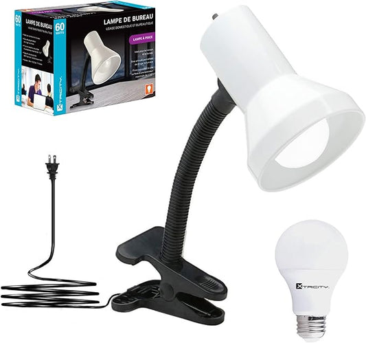 Xtricity clamp Light, Clip on Desk lamp with Adjustable Gooseneck, Clip lamp for Bed 6W A19 LED Bulb Included, 120V, Convenient On/Off Switch, White Finish - LeafyLoom