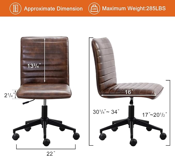 Furniliving Leather Home Office Chair, Armless Vanity Desk Task Chair with Wheels 360° Swivel Computer Rolling Desk Chair with Back, Adjustable Accent Chair with Base Stool - LeafyLoom