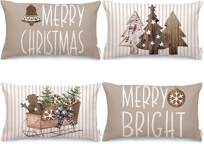 GEEORY Christmas Pillow Covers 12 x 20 Set of 4, Striped Wooden Tree Snow Sleigh Merry Bright Xmas Holiday Decor Decorative Throw Cushion Case Decoration for Home Party Sofa Couch (Brown) G399-12 GEEORY