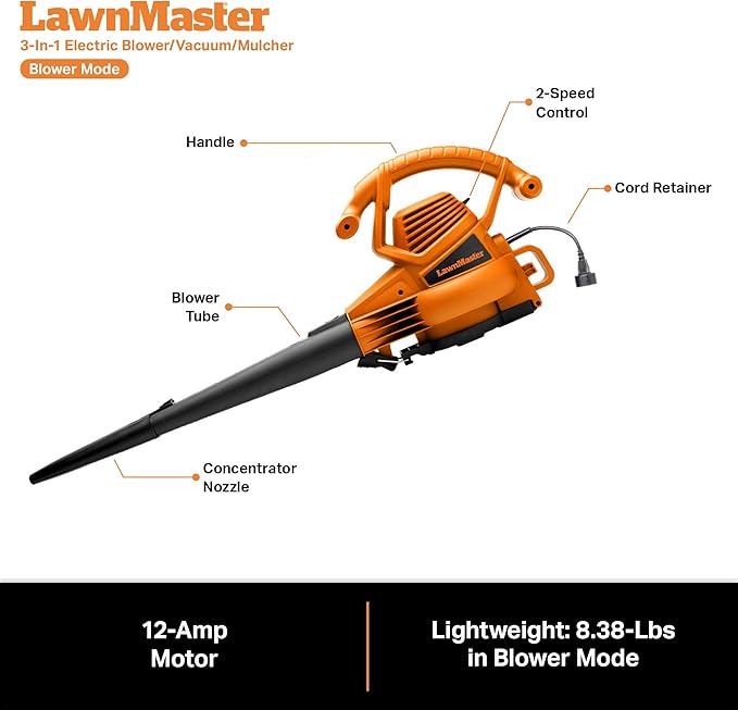 LawnMaster BV1210 Electric Blower Vacuum Mulcher 12 Amp 2-Speed Adjustment with Metal Impeller 240 MPH 380 CFM 16:1 Mulch Ratio - LeafyLoom