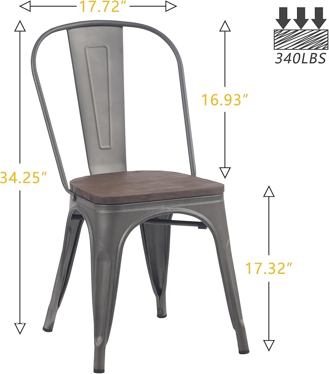 YOUNIKE Metal Dining Chairs Set of 4 Iron Stackable Removable Back Wood Seat Patio Chairs Rubber Feet Stylish Modern Indoor Outdoor Classic Chic Industrial Vintage Bistro Kitchen Rusty Grey - LeafyLoom