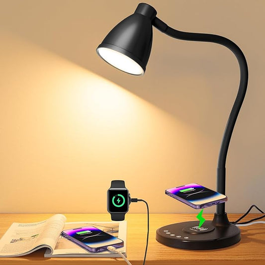 BOHON Desk Lamp for Home Office, LED Desk Light with USB C+A Charging Ports, Wireless Charger, 5 Colors Stepless Dimming Reading Light Timer, Touch Bedside Table Lamp for College Dorm Room Black - LeafyLoom