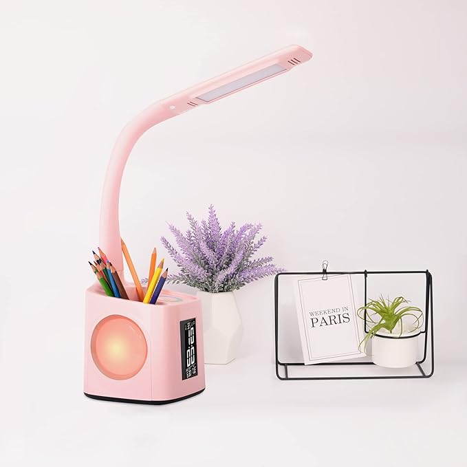 wanjiaone LED Desk Lamp with Clock,Color Changing Nightlight,Study Lamp with Pen Holder,Desk Light with USB Charger,Table Light for Home,Office,Bedroom,Gift for Kids,Students,Women,Pink - LeafyLoom