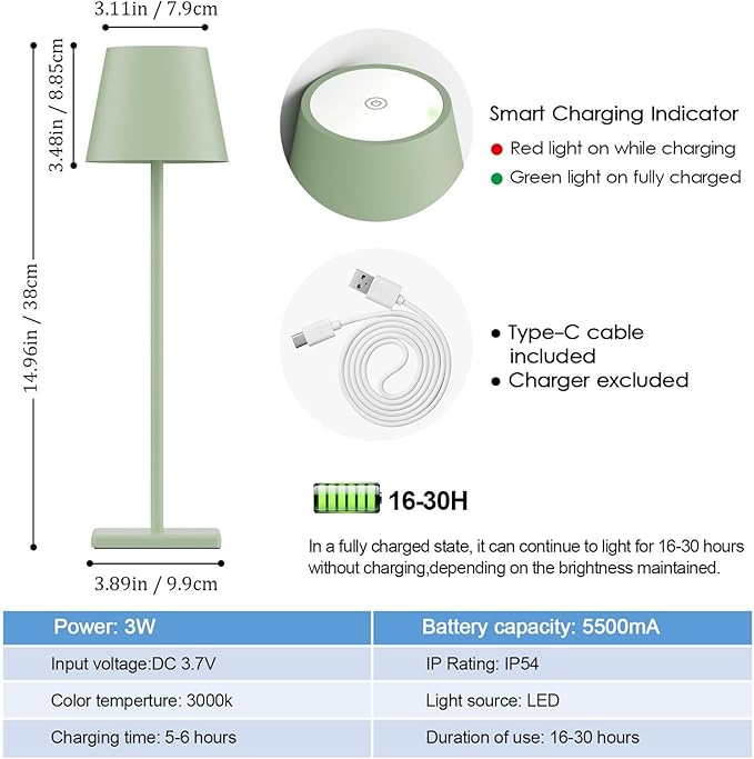 2-Pack LED Cordless Table Lamp, Rechargeable Battery Desk lamp 3W 5500mAh Battery Operated Stepless Dimming Modern Portable Table Light for Restaurant/Bedroom/Outdoor IP54 Waterproof (Green) - LeafyLoom