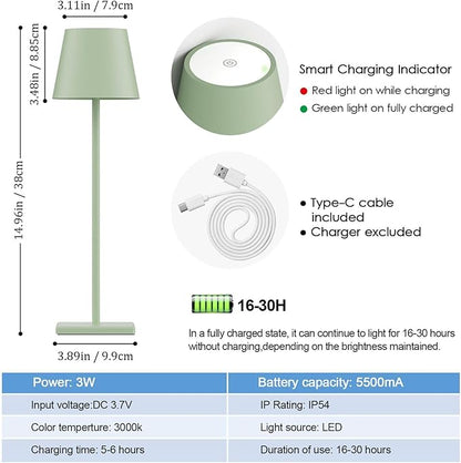 2-Pack LED Cordless Table Lamp, Rechargeable Battery Desk lamp 3W 5500mAh Battery Operated Stepless Dimming Modern Portable Table Light for Restaurant/Bedroom/Outdoor IP54 Waterproof (Green) - LeafyLoom