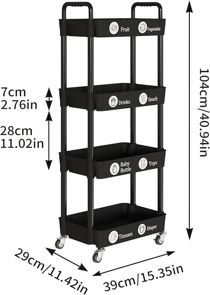 4-Tier Storage Cart,Multifunction Utility Rolling Cart Kitchen Storage Organizer,Mobile Shelving Unit Cart with Lockable Wheels for Bathroom,Laundry,Living Room,With Classified Stickers,Black - LeafyLoom