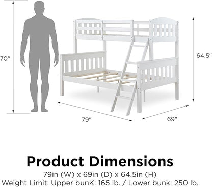 DHP Airlie Convertible Wood Bunk Bed, Stackable and Detachable Bed Frames for Kids and Teens, with Angled Ladder, High Guardrail, Wood Slats, No Boxspring Required, Twin-Over-Full, White - LeafyLoom