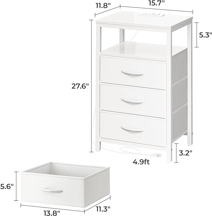 Nightstand with Charging Station, 27.6 Inch Side Table with Drawers, PU Leather Finish, End Table Bedside Table with USB Ports and Outlets, Night Stand for Bedroom, White - LeafyLoom