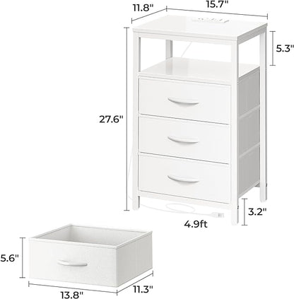 Nightstand with Charging Station, 27.6 Inch Side Table with Drawers, PU Leather Finish, End Table Bedside Table with USB Ports and Outlets, Night Stand for Bedroom, White - LeafyLoom