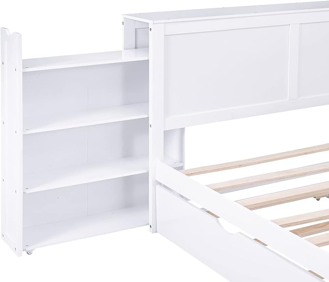 Storage Platform Bed Frame Queen with Pull Out Shelves and Twin XL Size Trundle, Wooden Platform Bed with Storage Headboard for Bedroom, No Box Spring Needed, Easy Assembly, White - LeafyLoom