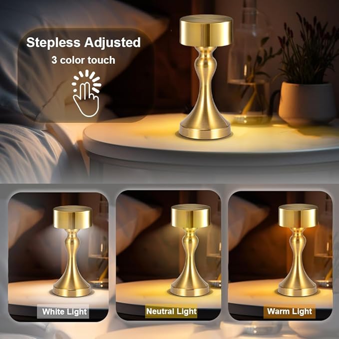 Portable Metal Desk Lamp, Cordless Metal LED Table Lamp,3 Color Touch Control Rechargeable Lamp,3-Levels Brightness Room Decor Desk Lamp,Bedside Lamp,Dining Room Lamp (Gold) - LeafyLoom