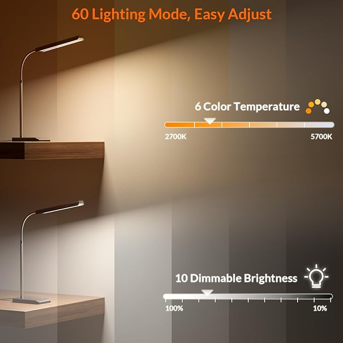 LED Desk Lamp, 12W Reading Desk Lamp for Office Home with 60 Lighting Modes, Touch Control & Timer Function, 750LM Bright Eye-Caring Gooseneck Desk Light Table Lamp for Study, Work, Silver - LeafyLoom