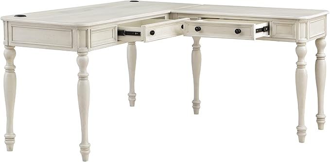 OSP Home Furnishings Country Meadows L-Shape Desk with 2 Full Drawers and Power Hub, Antique White - LeafyLoom