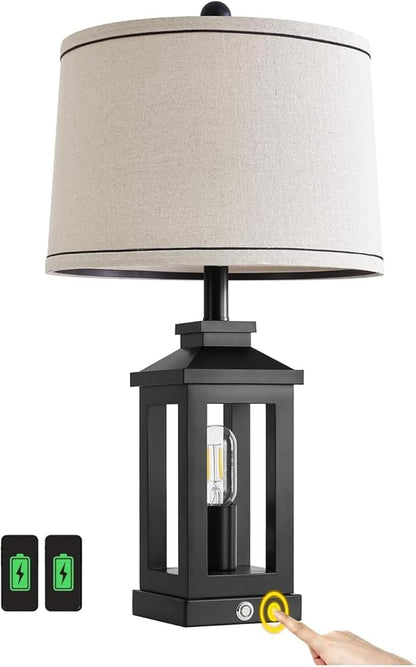 23.75" Retro Farmhouse Black Table Lamp for Living Room Bedroom Nightstand Single Pack Touch Control Bedside Nightlight Vintage Modern Lamp with USB C+A Ports and 2 Light Sources - LeafyLoom