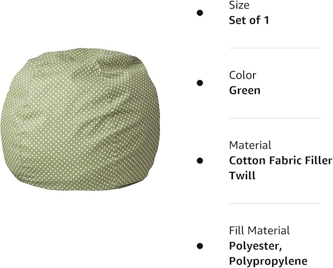 Flash Furniture Dillon Small Bean Bag Chair for Kids and Teens, Foam-Filled Beanbag Chair with Machine Washable Cover, Green Polka Dot - LeafyLoom