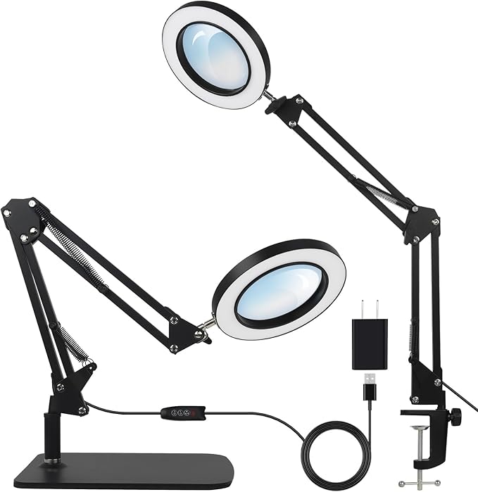 2-in-1 LED Magnifier Desk Lamp with Clamp,Magnifying Glass with Light and Stand,3 Color Modes Stepless Dimming, for Home Office Close Work, Repair, Crafts, Reading,Sewing - LeafyLoom