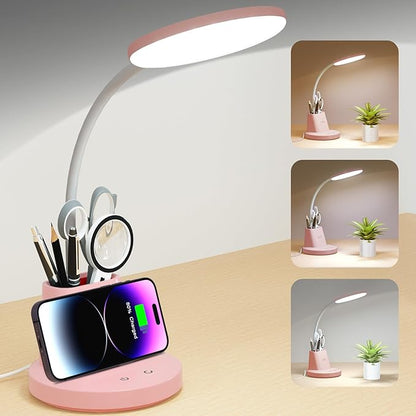 Sailstar Desk Lamp for Home Office, Small Desk Lamp with Wireless Charger & Pen Holder, Cute Desk Lamp LED Dimmable Touch 3 Lighting Modes Memory, Gooseneck Pink Desk Light for College Dorm Room - LeafyLoom